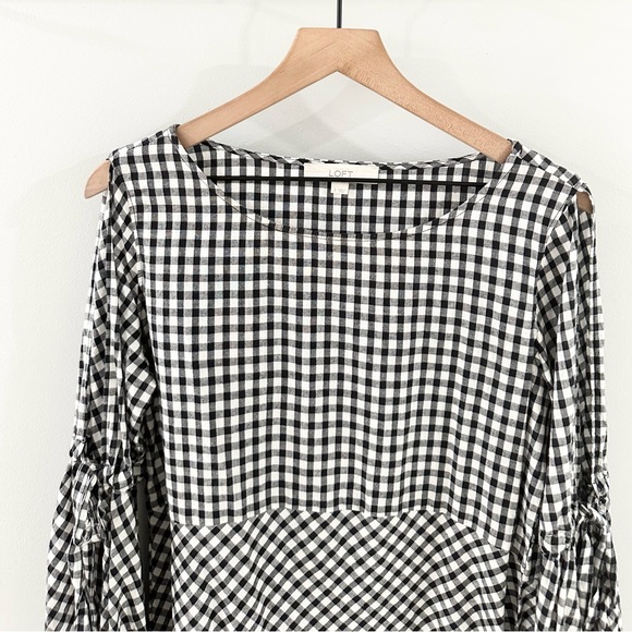 Loft Black & White Gingham Split Sleeve Blouse Size Small - Picture 5 of 8